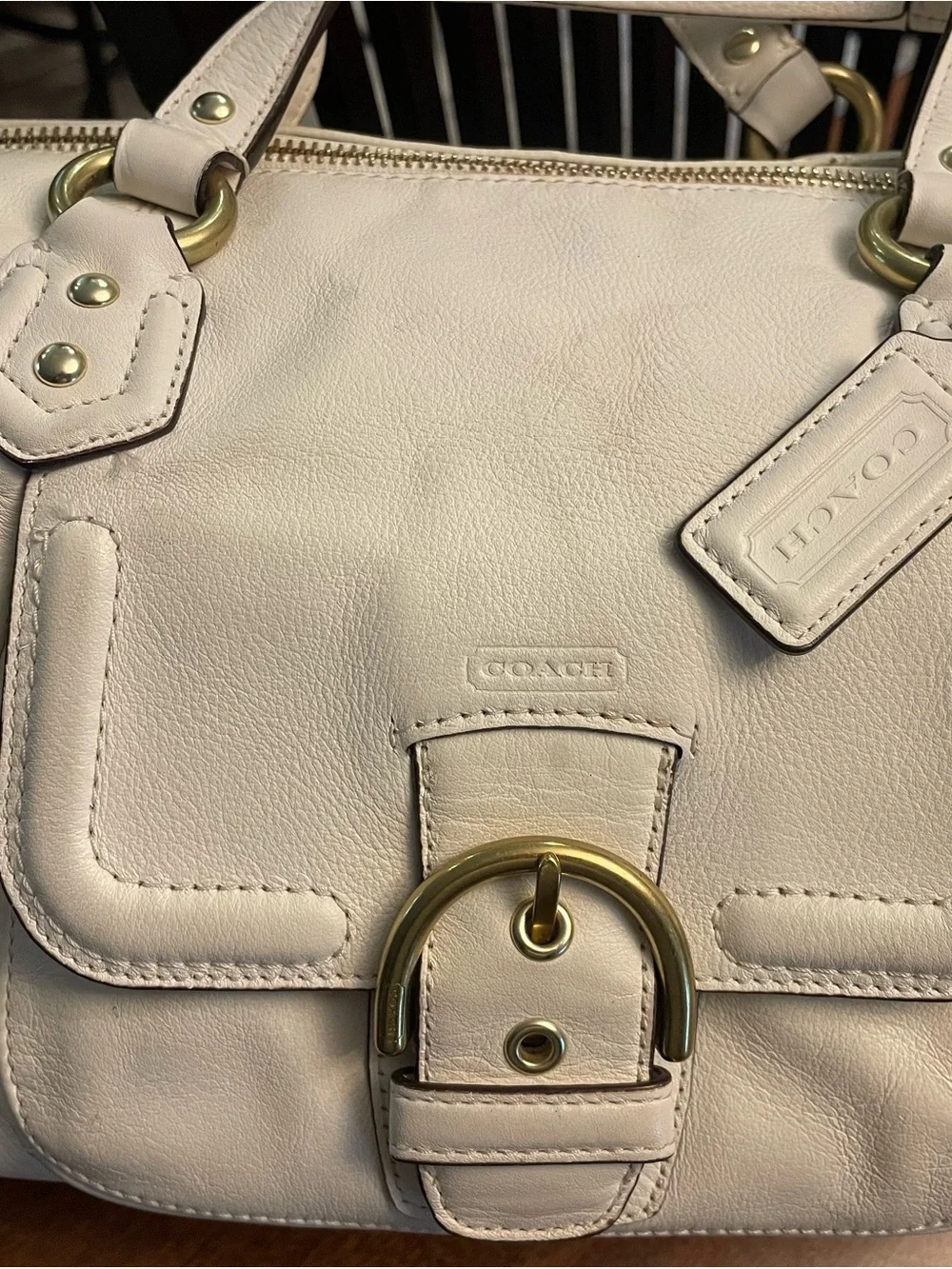 Vintage Coach Cream Leather Shoulder Satchel with Gold Hardware, soft pebble, c.